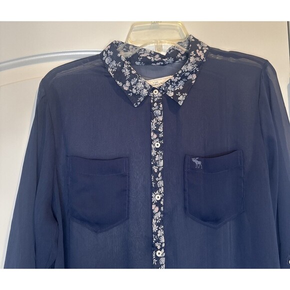 Abercrombie Fitch Women BLUE Chiffon Roll Tab Button Up Shirt Sheer Blouse Top L - Picture 2 of 7